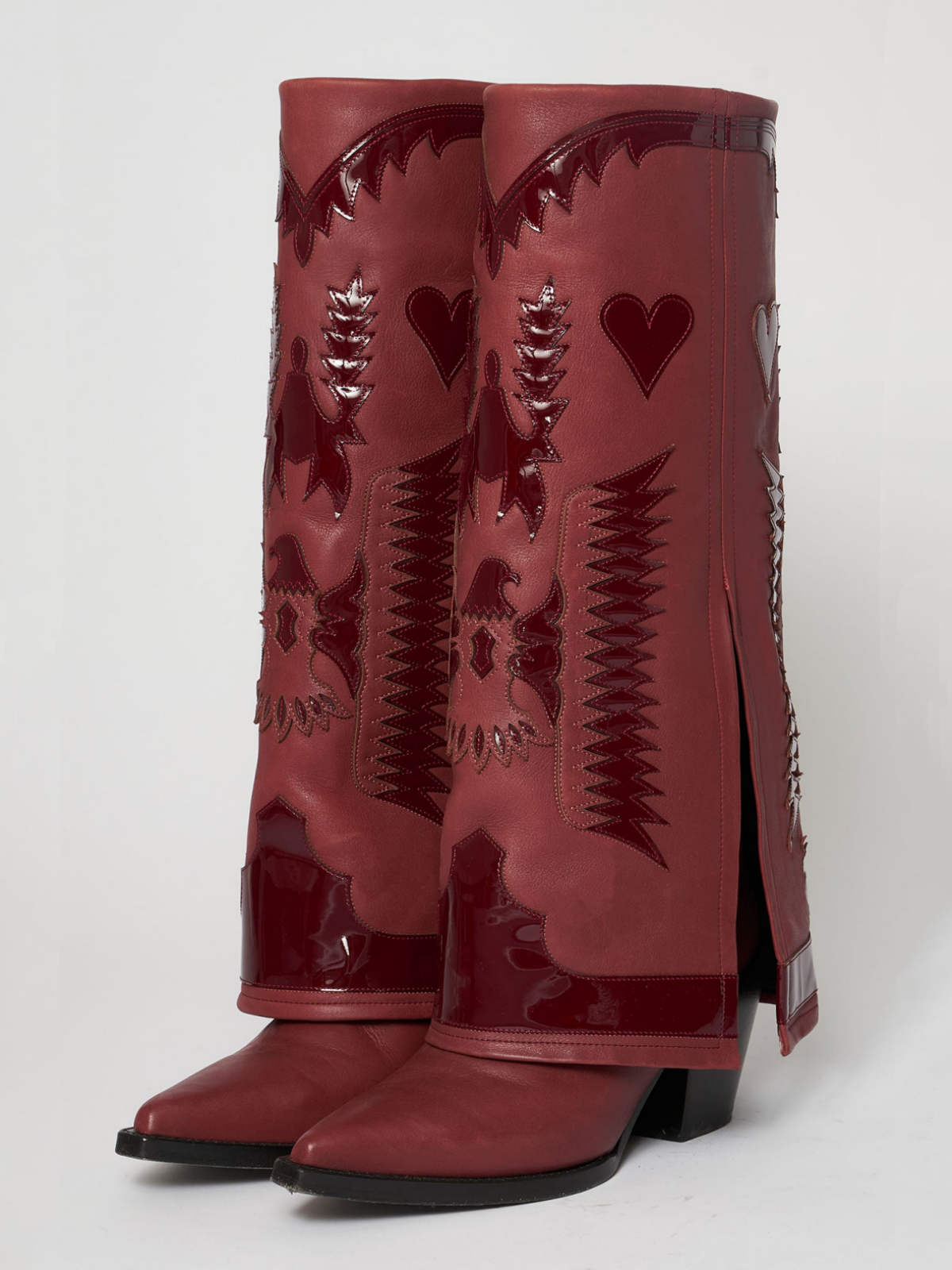 Fold-Over Panel Eagle And Heart Applique Snip-Toe Wide Mid Calf Boots - Burgundy