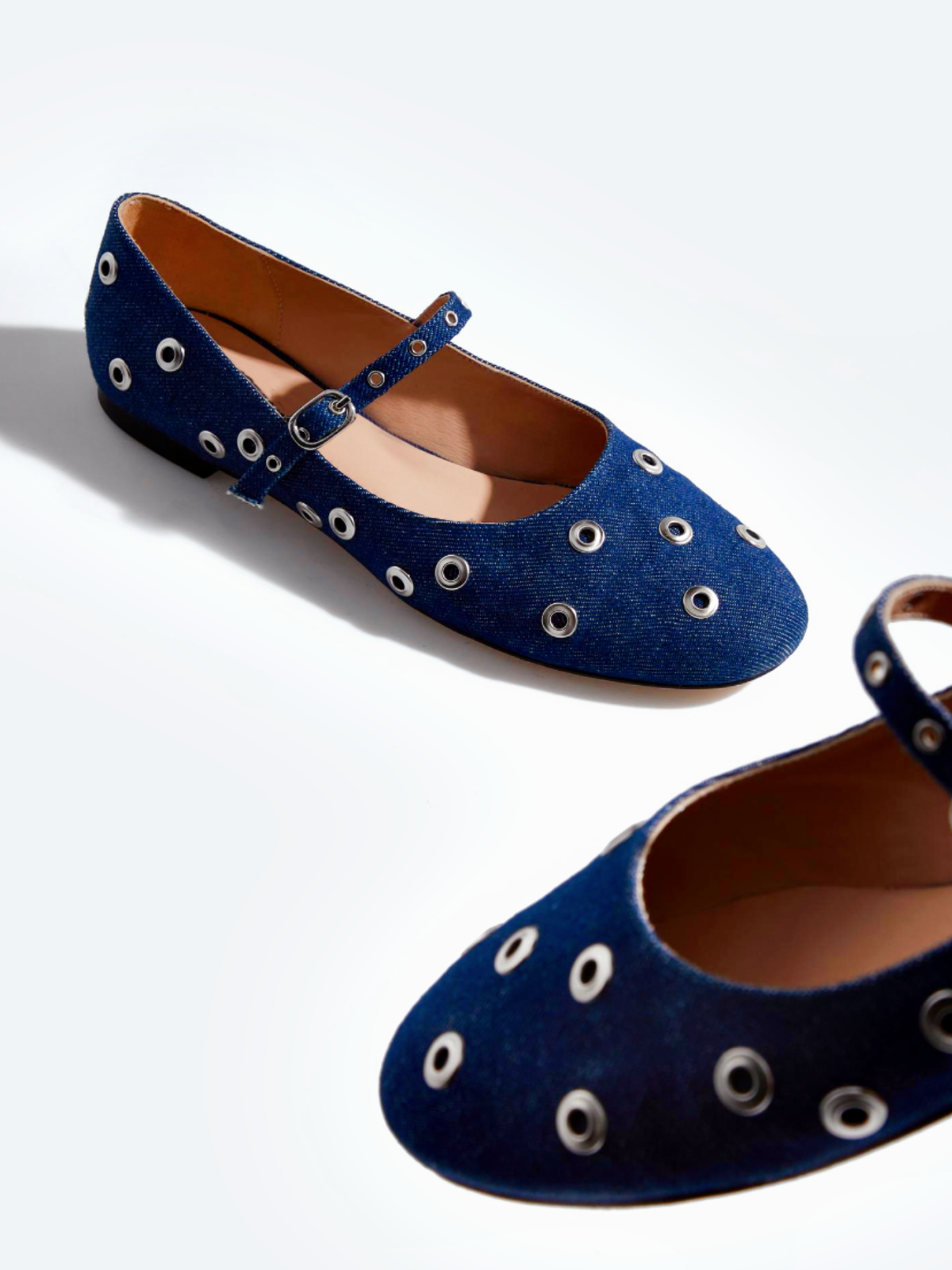 Blue Denim Studded Grommet Eyelet Round-Toe Ballet Flats Mary Janes