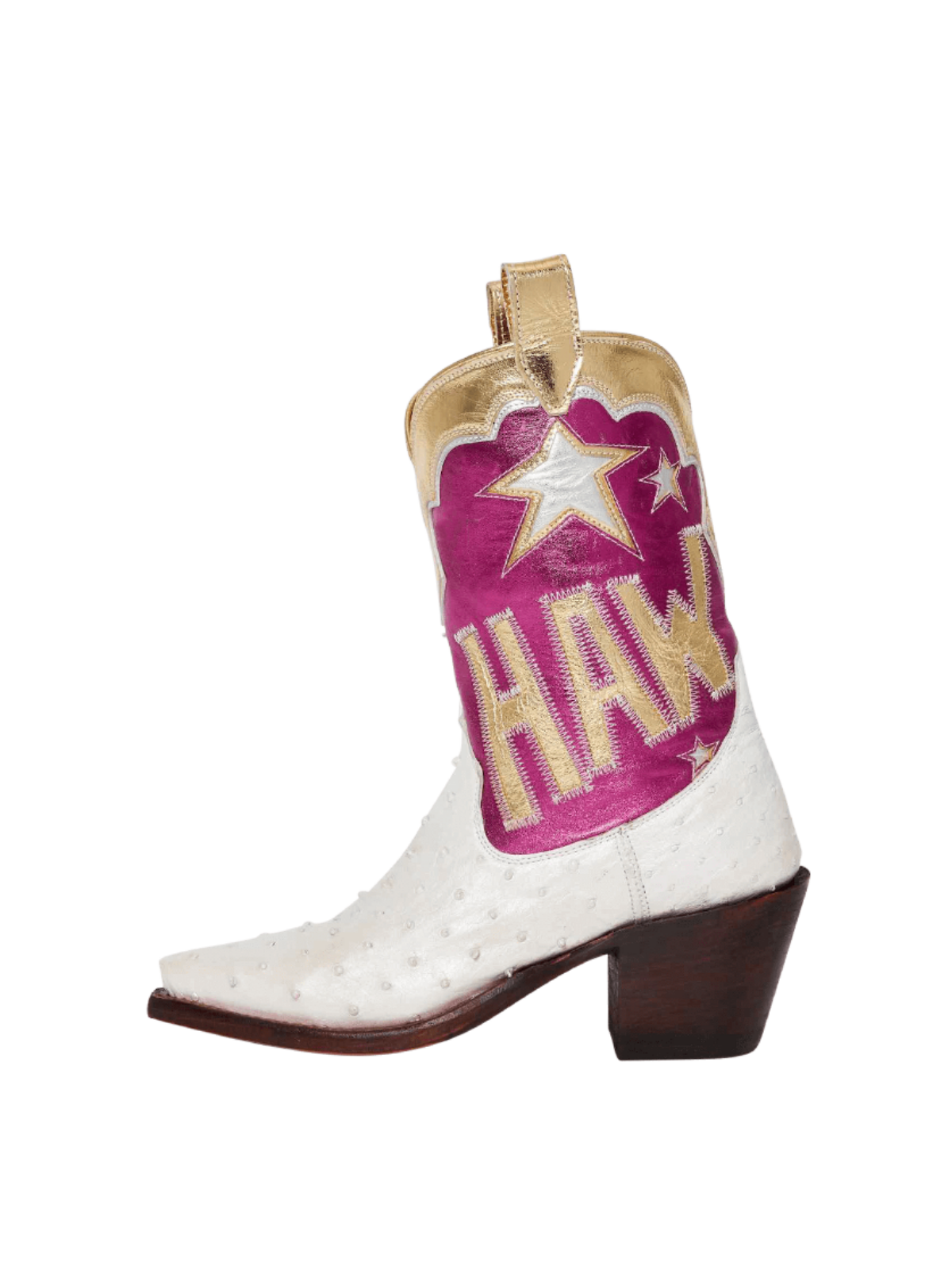 Contrast Tri-Color Ostrich-Textured And Metallic Vegan Leather Heart Star Letter Inlay Cowgirl Boots - Magenta