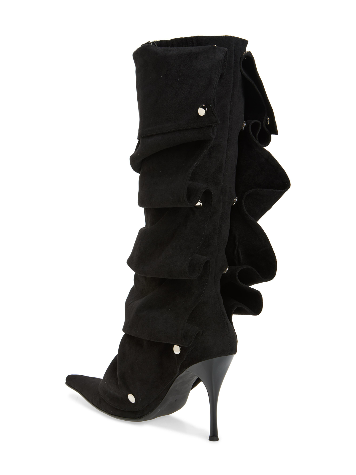 Black Faux Suede Pointed-Toe Studded Superslouchy Wide Calf Stiletto Boots