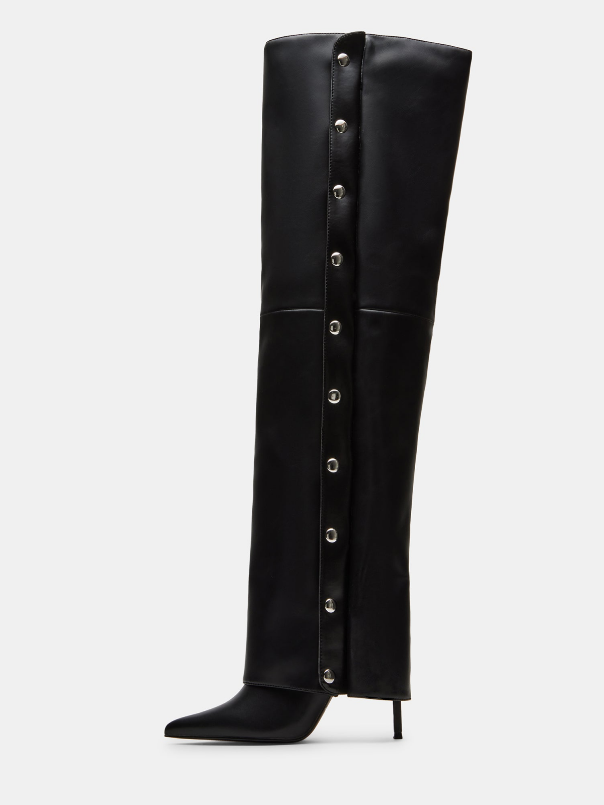 Black Pointed-Toe Studded Fold-Over Full-Zip Over-The-Knee Stiletto Boots