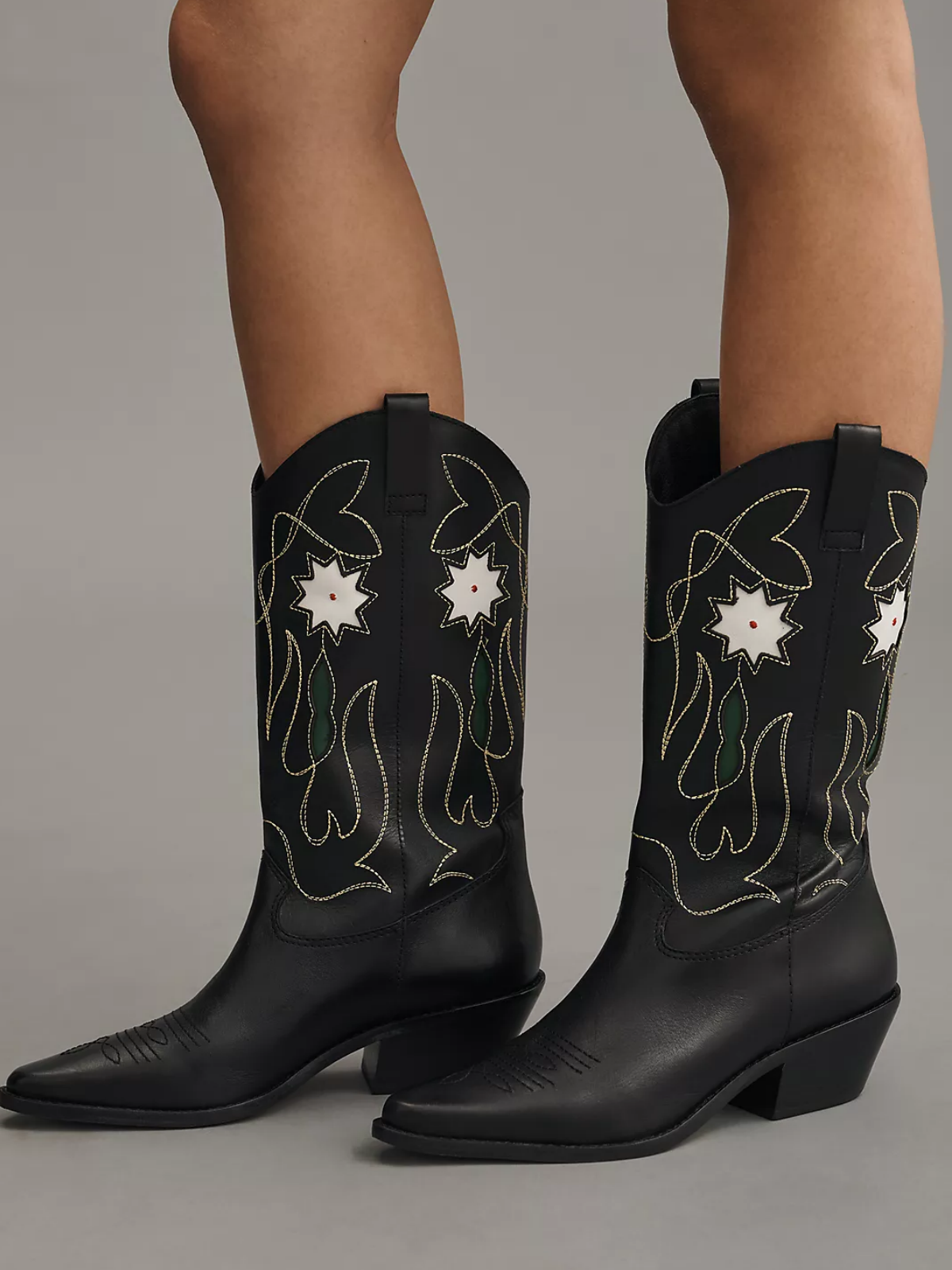 Black Snip-Toe Embroidery Floral Inlay Wide Mid Calf Cowgirl Boots