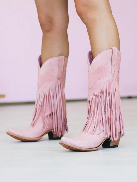 Blush Pink Snip-Toe Heart Inlay Fringe Wide Mid Calf Cowgirl Boots