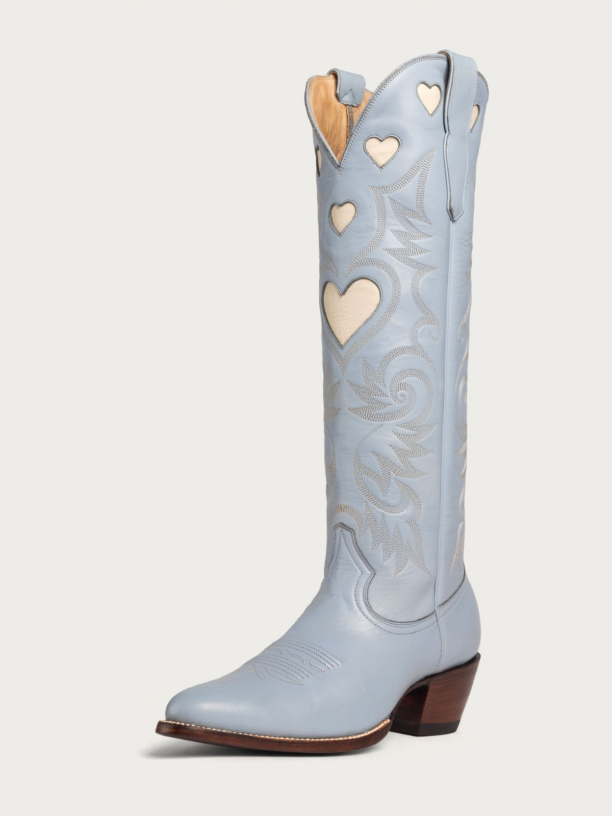 Ivory Heart Inlay Embroidery Almond-Toe Tall Wide Mid Calf Cowgirl Boots - Powder Blue