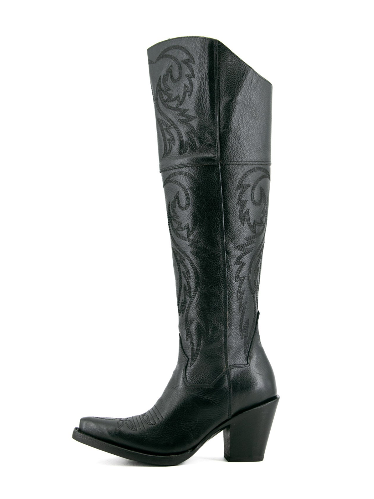 Snip-Toe Embroidery Tall Half-Zip Knee High Cowgirl Boots - Black