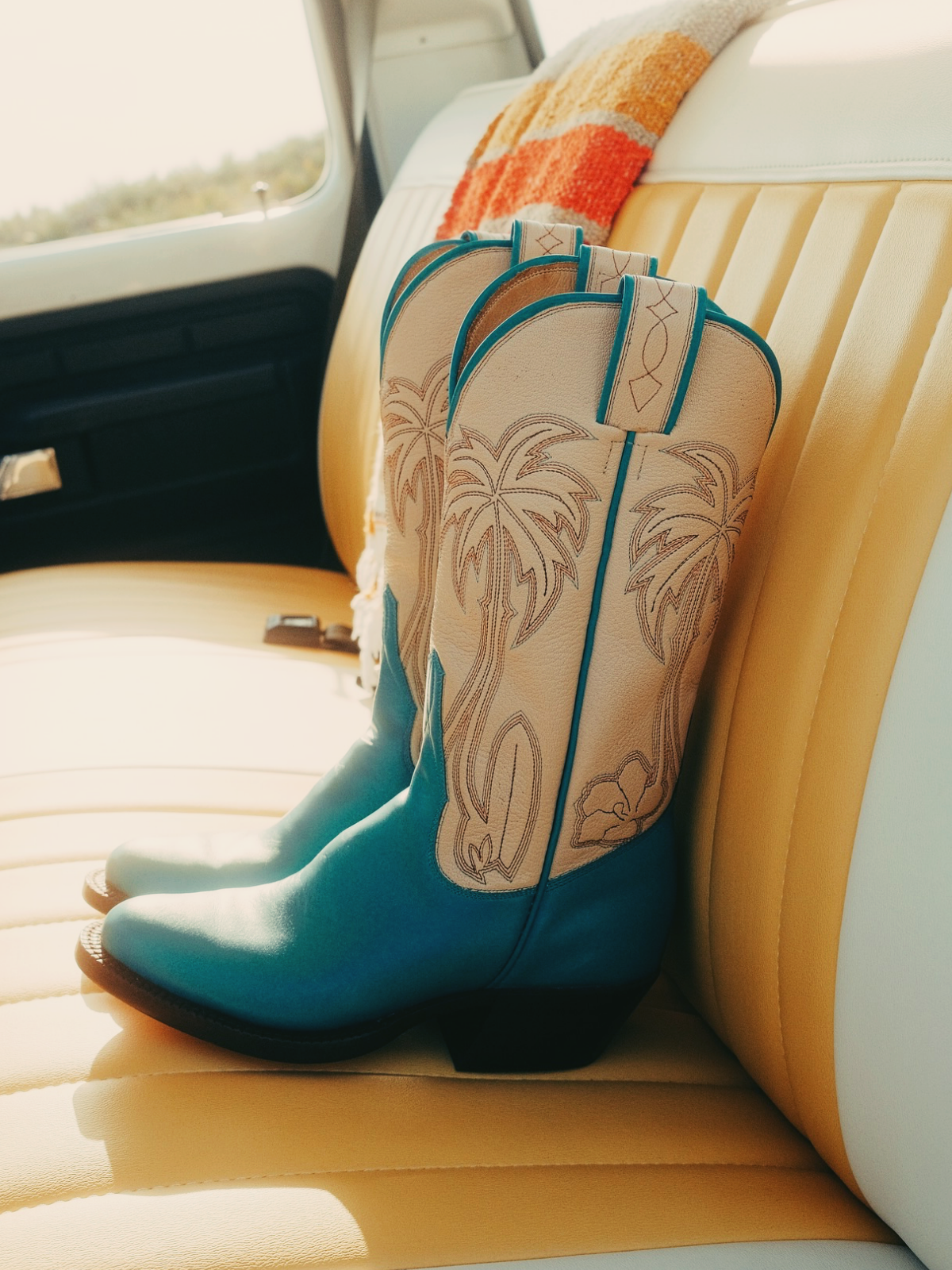 Contrast Turquoise And Sand Embroidery Almond-Toe Wide Mid Calf Cowgirl Boots