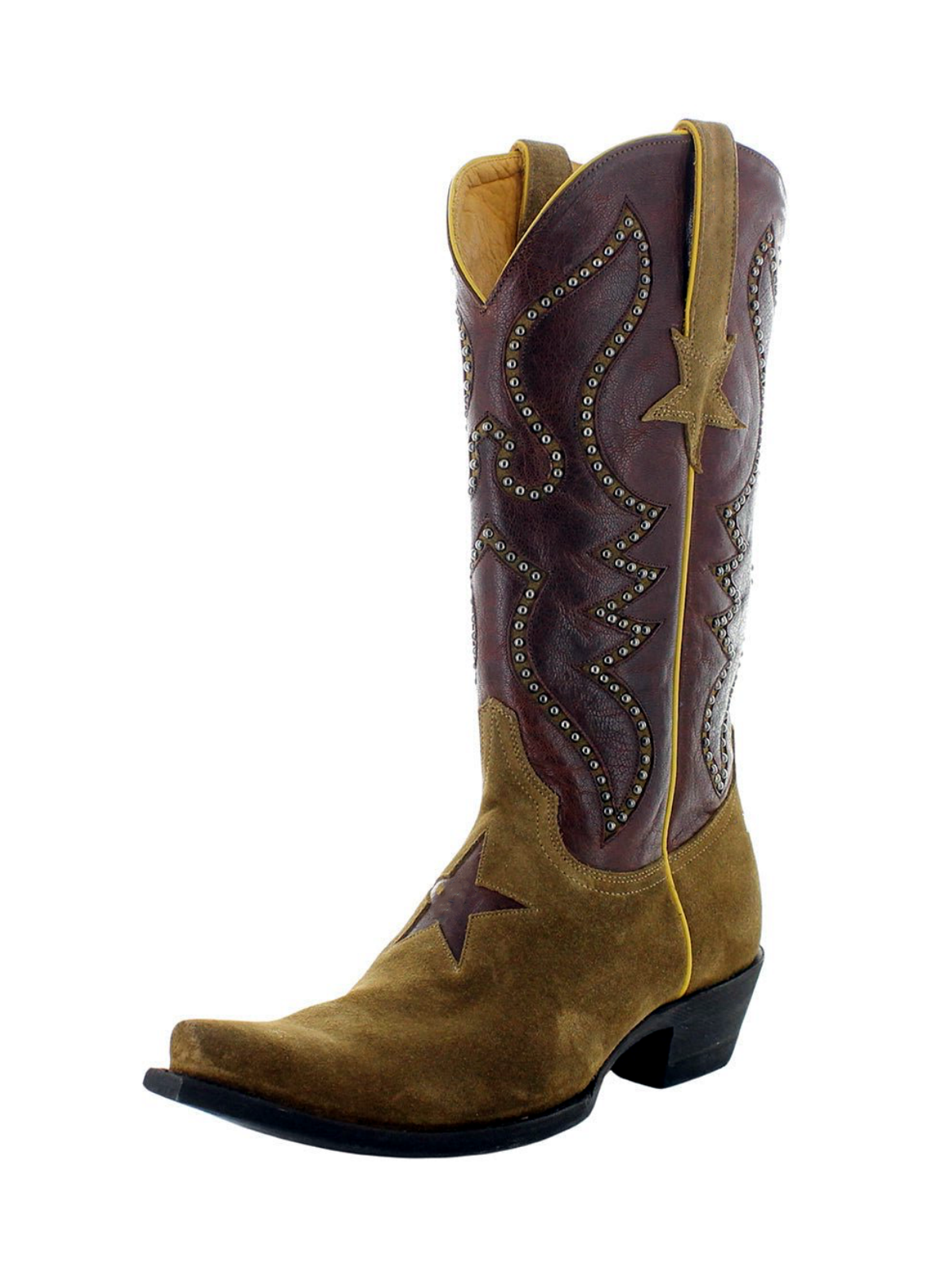 Contrast Camel Faux Suede And Dark Brown Snip-Toe Studded Star Inlay Wide Mid Calf Cowgirl Boots