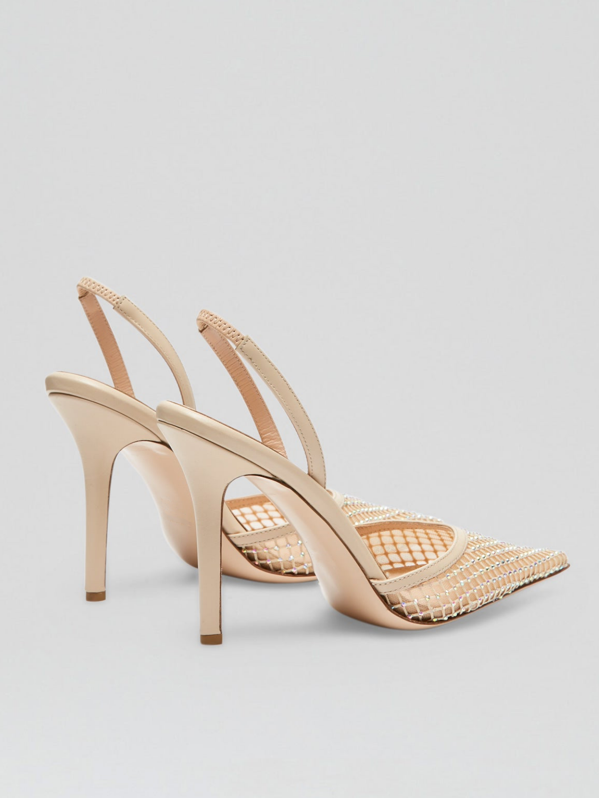 Nude Fishnest Iridescent Rhinestone Pointy Stiletto Slingback Pumps