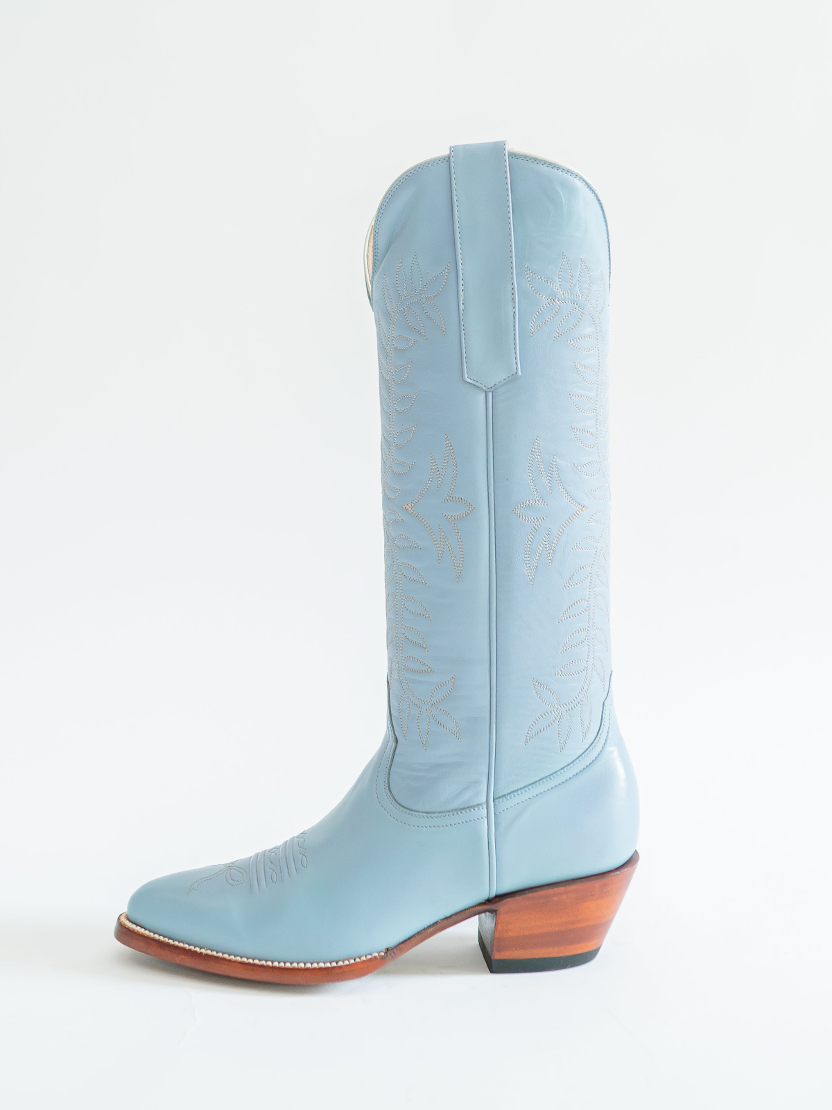 Leaves Embroidery Almond-Toe Wide Mid Calf Cowgirl Boots - Powder Blue