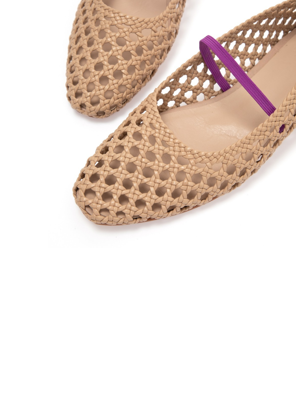 Woven Hollow-Out Square-Toe Ballet Flats Mary Janes In Beige