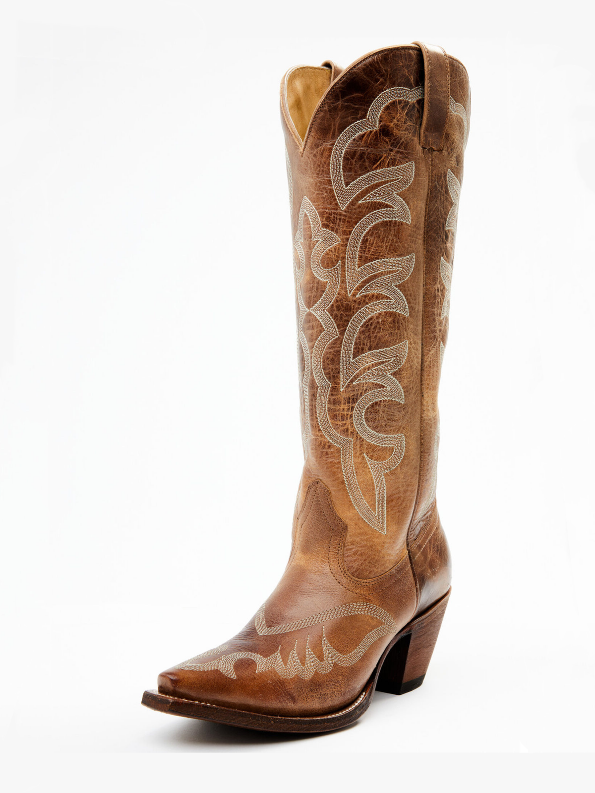 Tan Embroidery Snip-Toe Tall Wide Mid Calf Cowboy Boots For Women