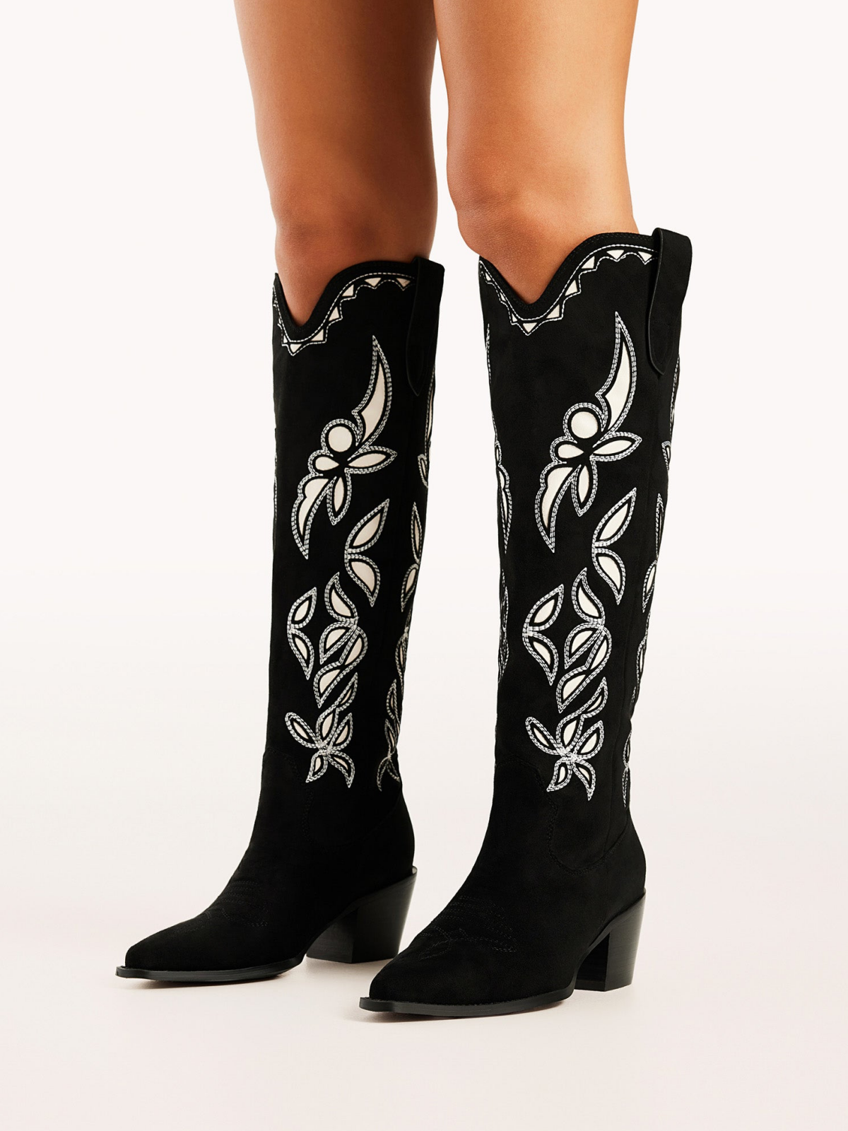 Black Faux Suede Snip-Toe Embroidery And Inlay Wide Calf Tall Knee High Cowgirl Boots