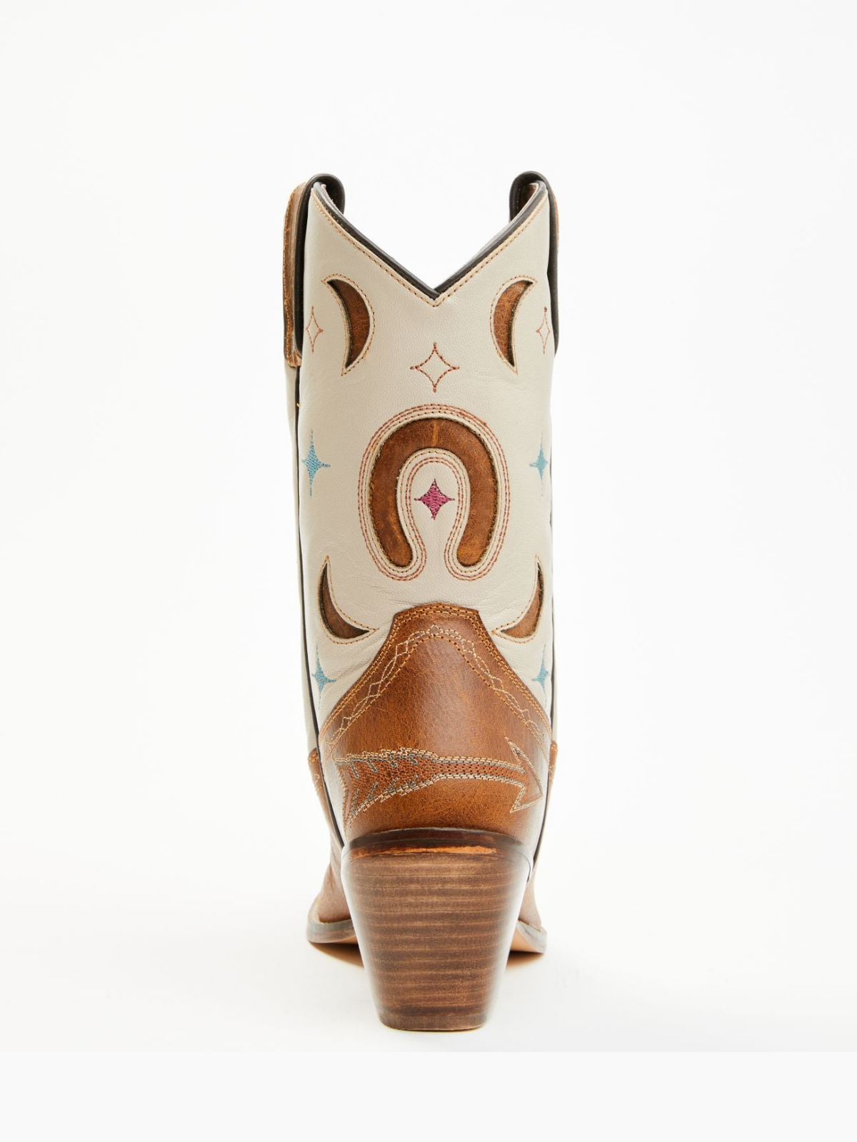 Contrast Brown And Ivory Almond-Toe Embroidery Moon Inlay Wide Mid Calf Cowgirl Boots