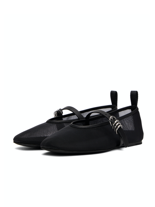 Black Sheer Mesh Mary Janes Ballet Flats With Buckle & Rings