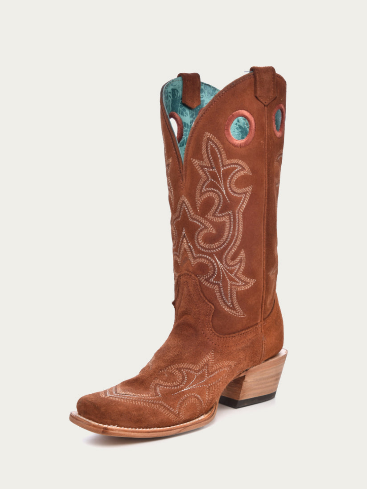 Faux Suede Cut-Out Square-Toe Embroidery Wide Mid Calf Cowgirl Boots - Brown