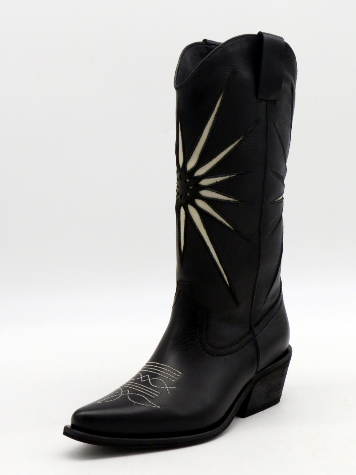 Black Snip-Toe Radial Inlay Wide Mid Calf Tall Cowgirl Boots