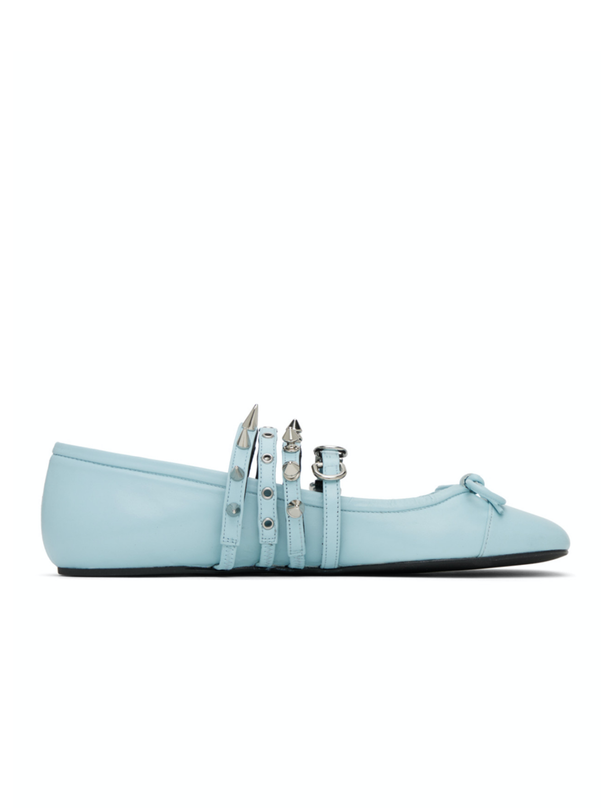 Sky Blue Bow Spike Strappy Square-Toe Ballet Flats Mary Janes