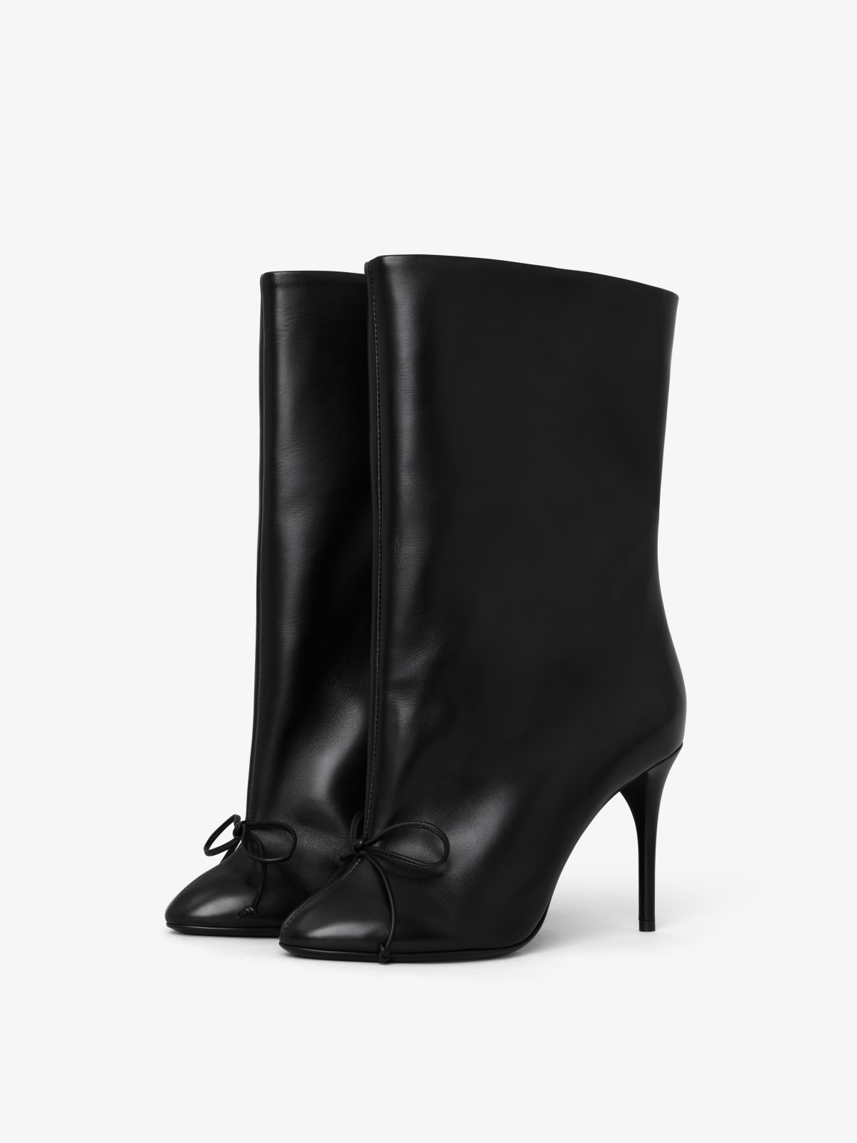 Black Round-Toe Short Wide Mid Calf Stiletto Boots With A Knot
