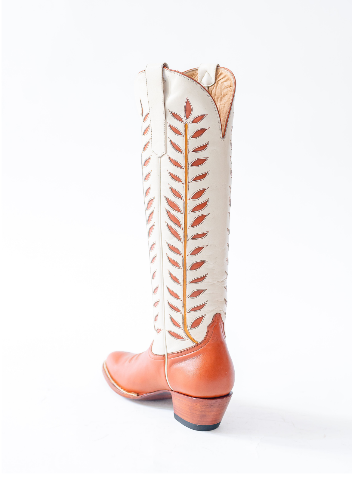 Almond-Toe Leaves Inlay Wide Calf Tall Knee High Cowgirl Boots - Contrast Orange And Ivory