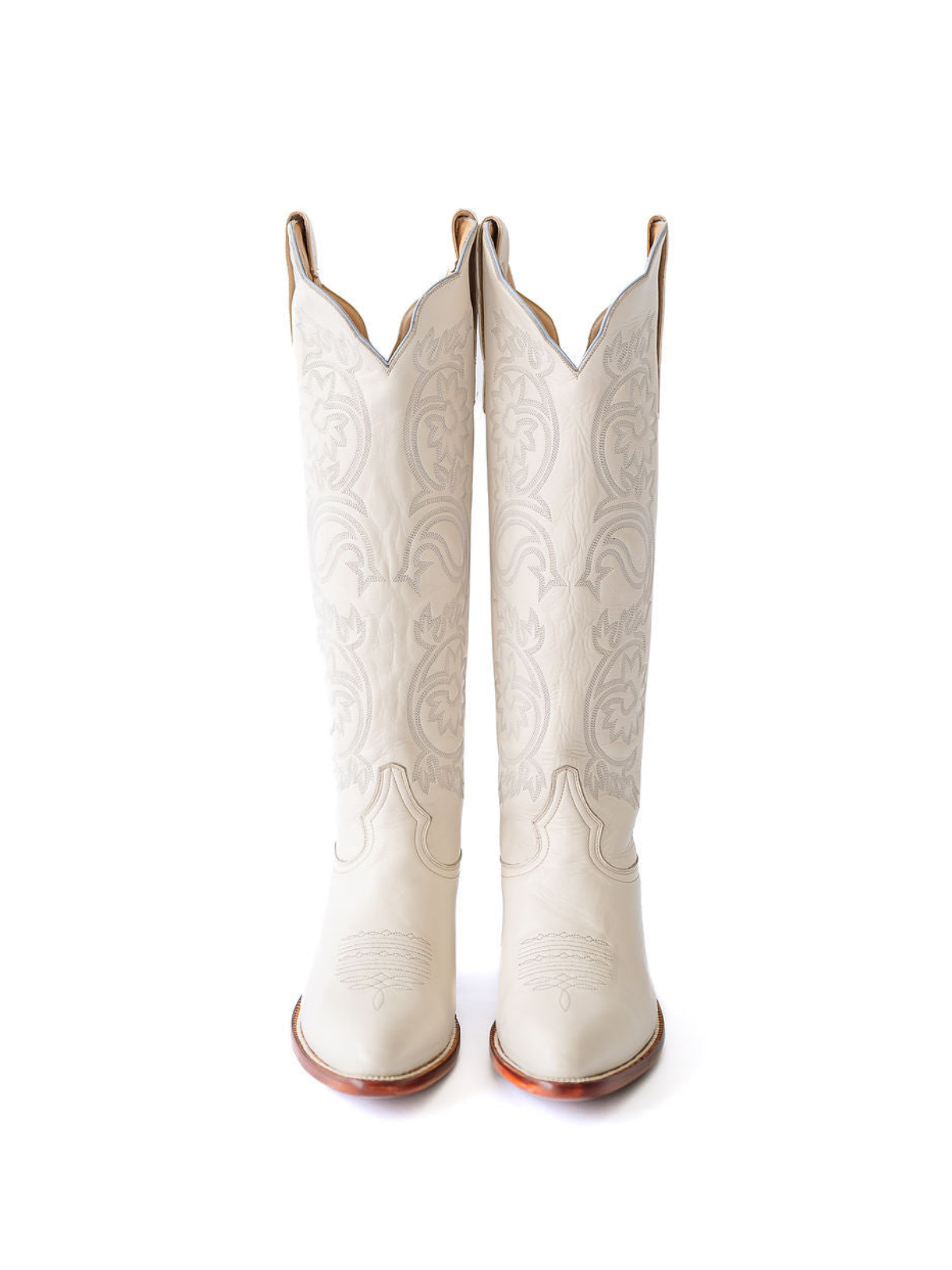 White Floral Embroidery Almond-Toe Wide Calf Cowgirl Boots Knee High Tall Boots