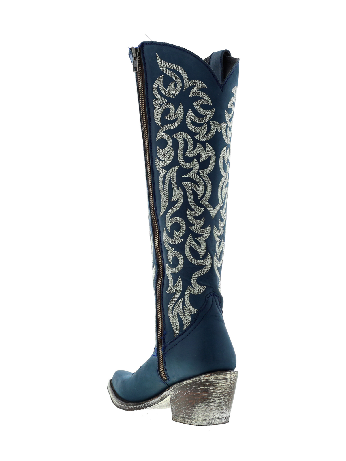 Embroidery Almond-Toe Full-Zip Knee High Tall Cowgirl Boots - Dark Blue