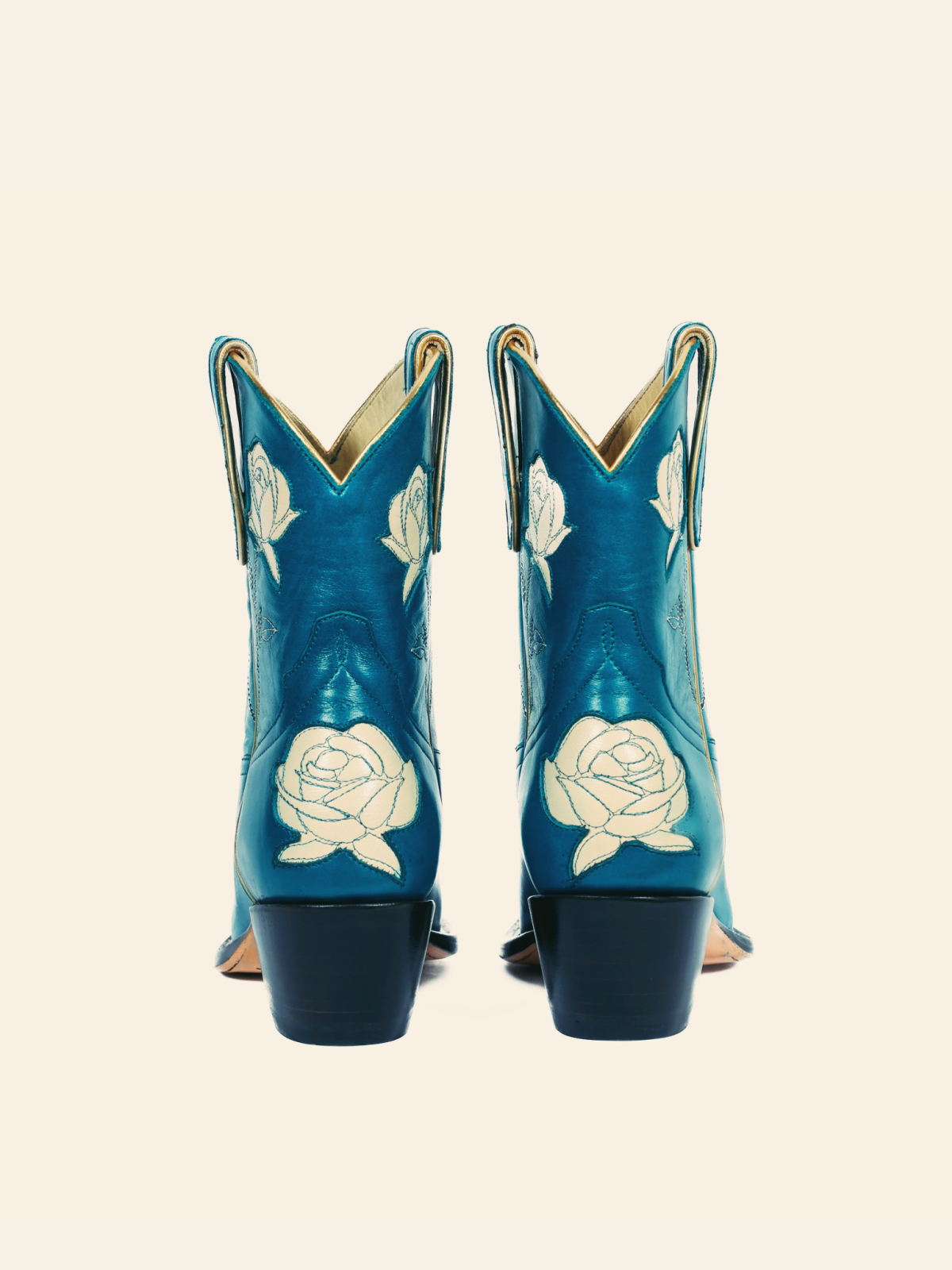 Steel Blue Almond-Toe Cowgirl Ankle Booties With White Rose Inlay