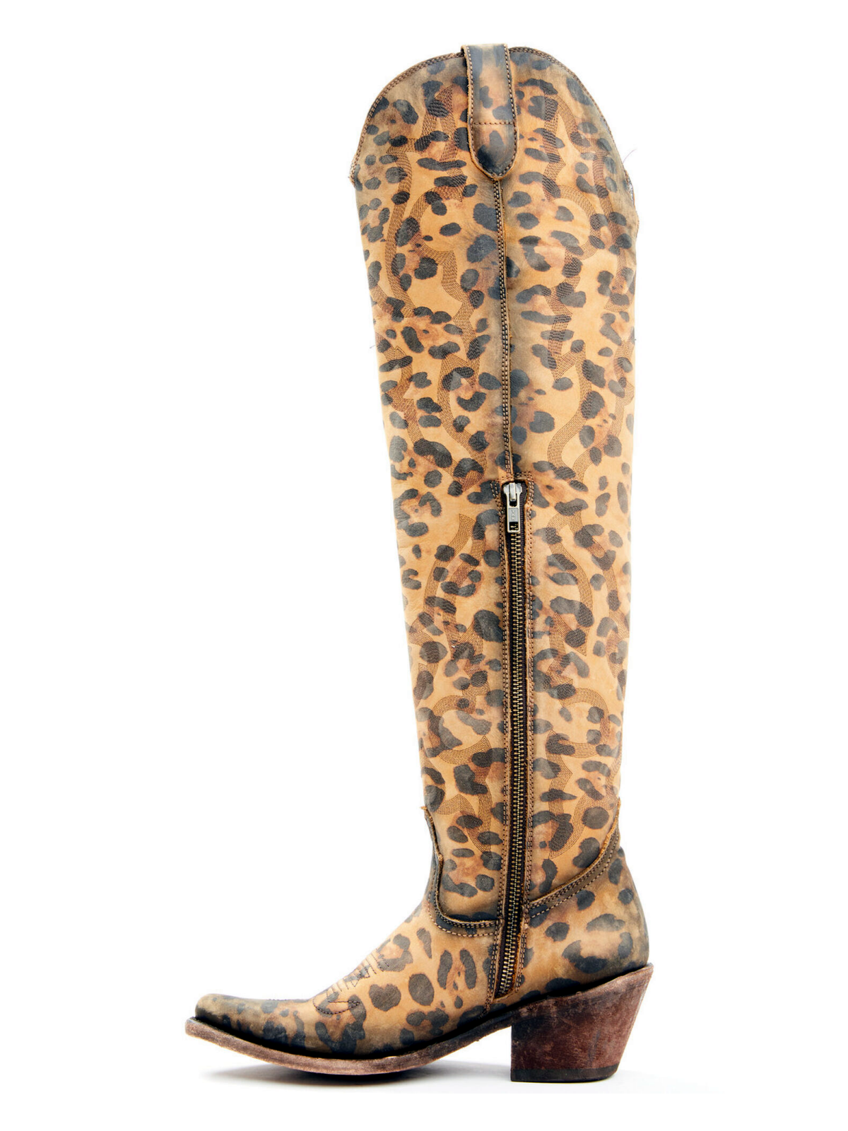 Leopard Almond-Toe Embroidery Half-Zip Over-The-Knee Cowgirl Boots