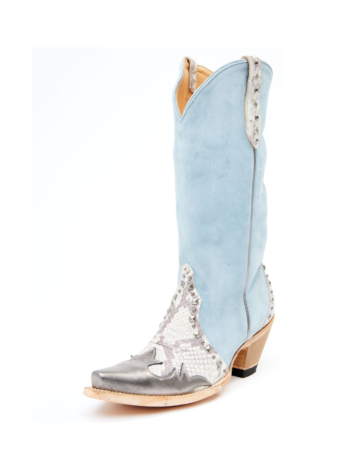 Contrast Snakeskin And Blue Faux Suede Studded Applique Snip-Toe Wide Mid Calf Cowgirl Boots