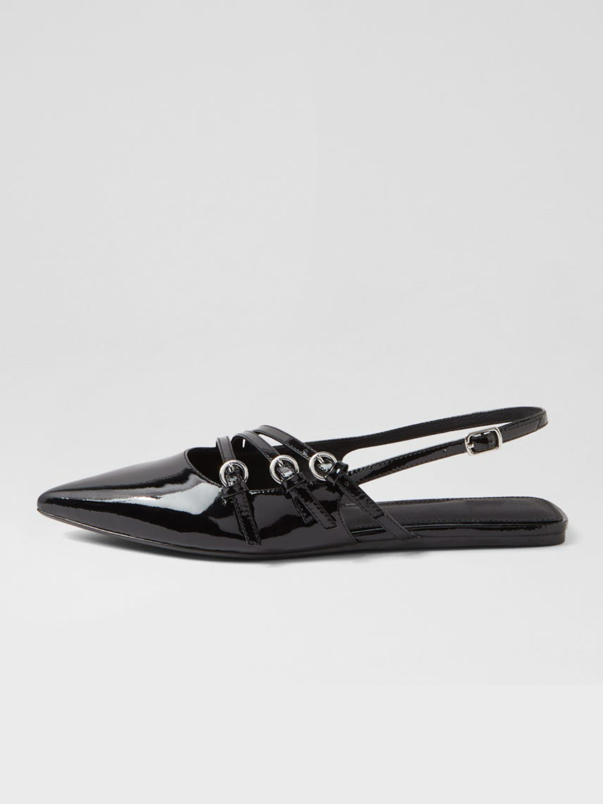 Black Patent Pointed-Toe Flats With Buckled Slingback