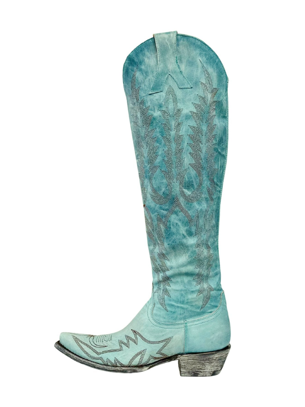 Embroidery Half-Zip Snip-Toe Tall Knee High Cowgirl Boots - Aqua