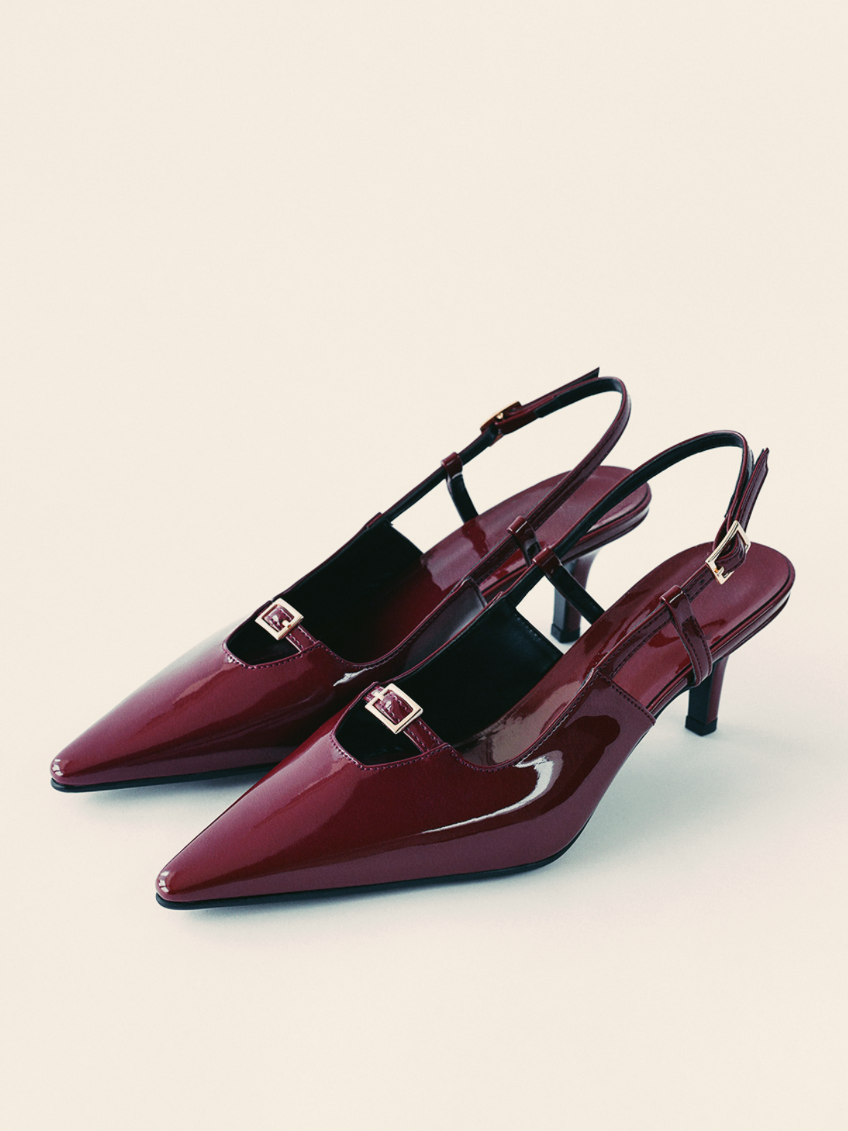 Maroon Patent Buckled Strap Hollow-Out Kitten Heels Slingback Pumps