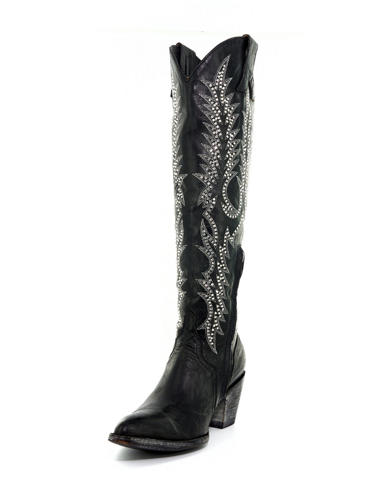 Black Almond-Toe Crystal Embroidery Half-Zip Tall Knee High Cowgirl Boots