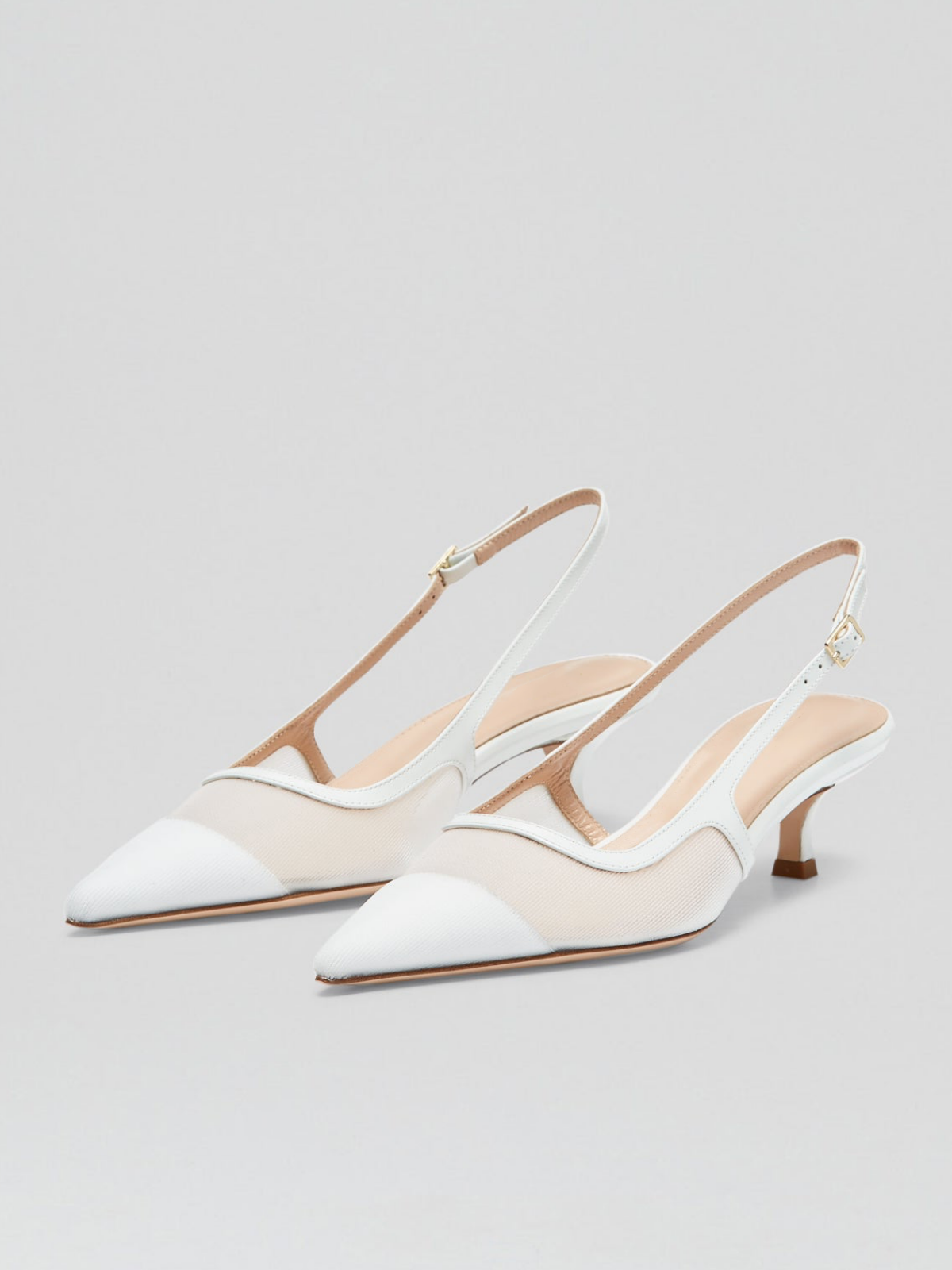 White Mesh Pointy Kitten Heel Slingback Pumps With Buckled Back Strap