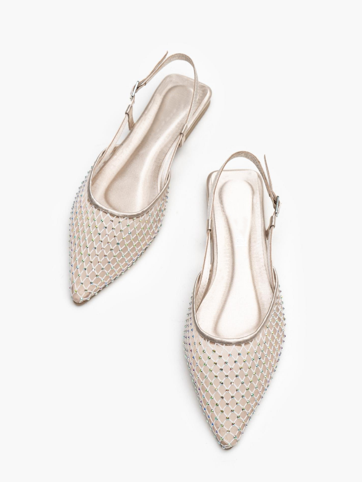 Rose Gold Iridescent Rhinestone Pointy Slingback Ballerina Flats In Satin & Fishnet