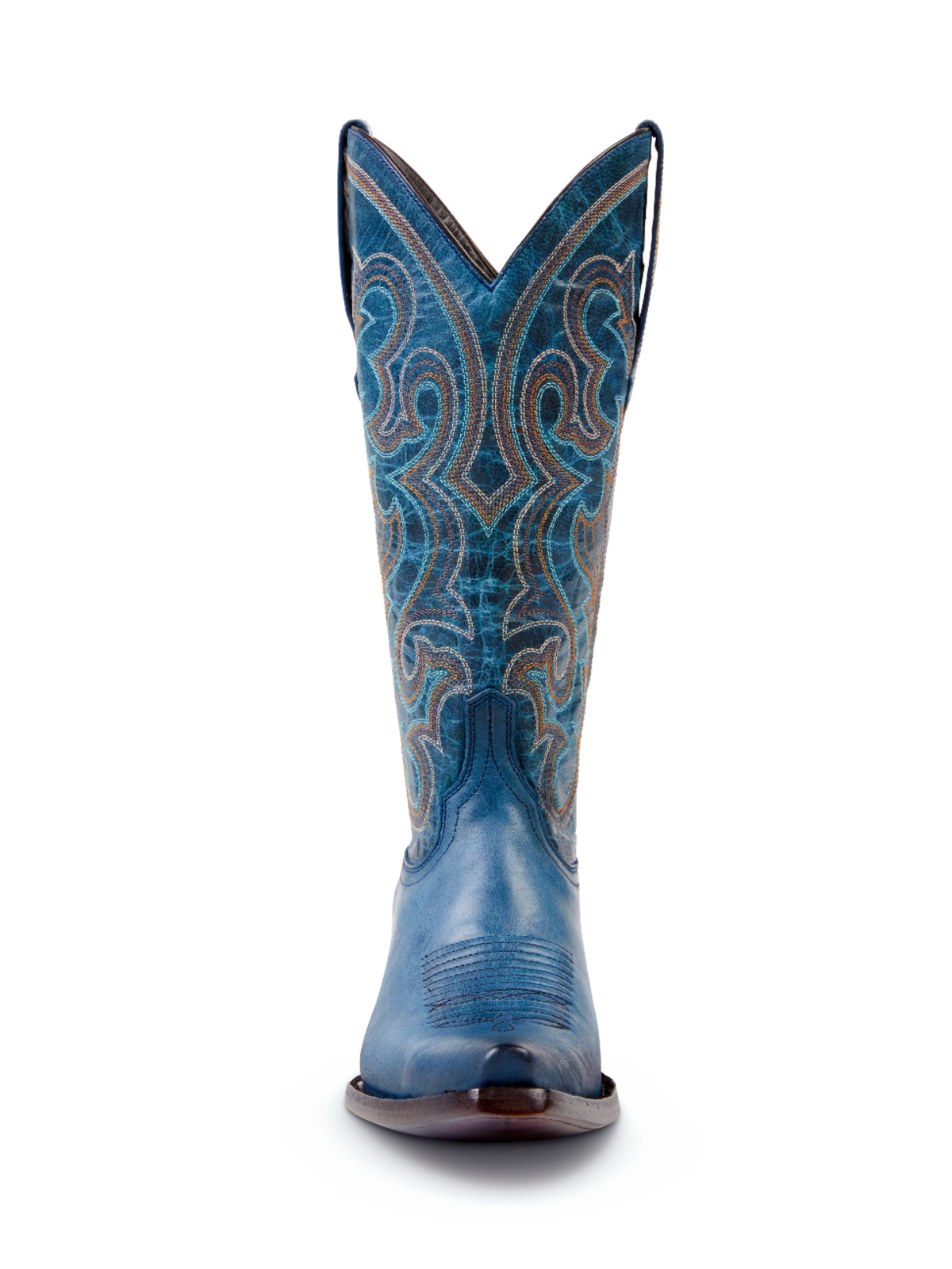 Distressed Blue Embroidery Snip-Toe Wide Mid Calf Tall Cowboy Boots For Women