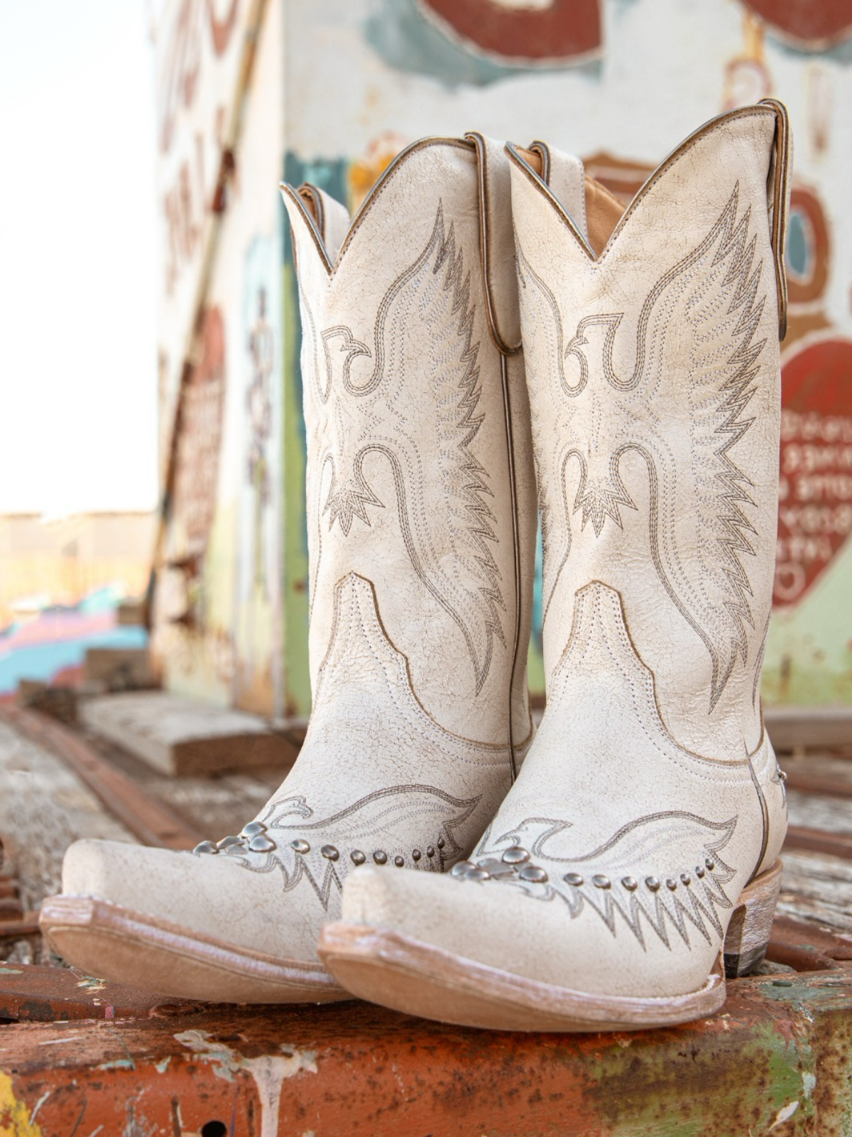 Distressed White Snip-Toe Studded Eagle Embroidery Wide Mid Calf Tall Cowgirl Boots