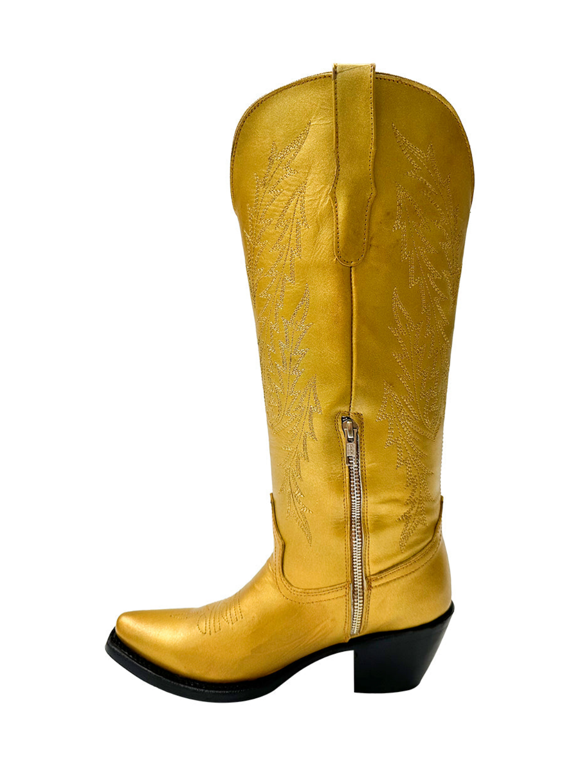 Metallic Snip-Toe Leaf Embroidery Half-Zip Mid Calf Tall Cowgirl Boots - Gold