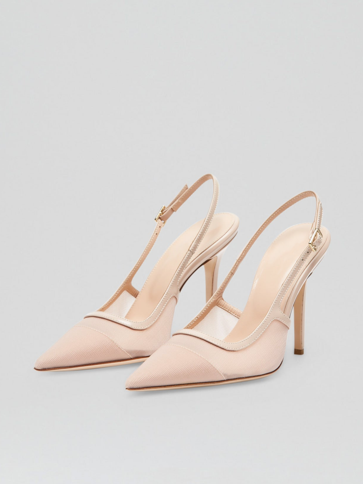 Nude Mesh Pointy Stiletto Heel Slingback Pumps With Buckled Back Strap