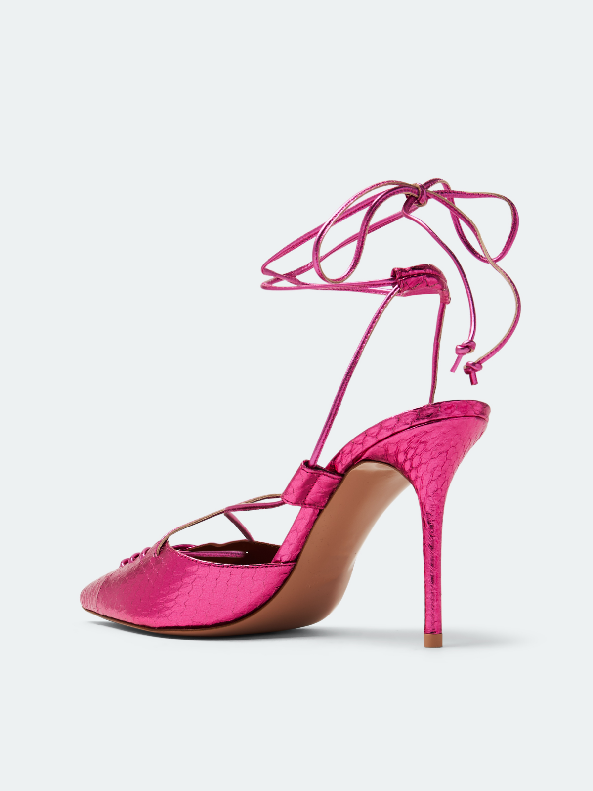 Metallic Pink Snakeskin String Lace Up Gladiators Pointy Stiletto Heels Pumps