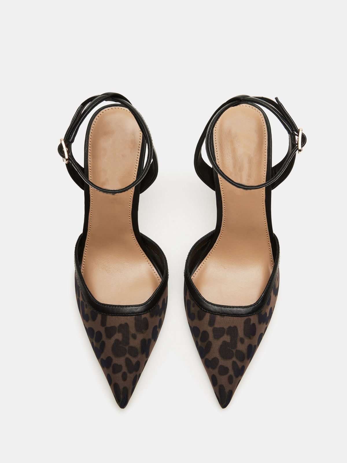 Leopard Mesh Pointed-Toe Crossed Ankle Strap Pump Kitten Heels