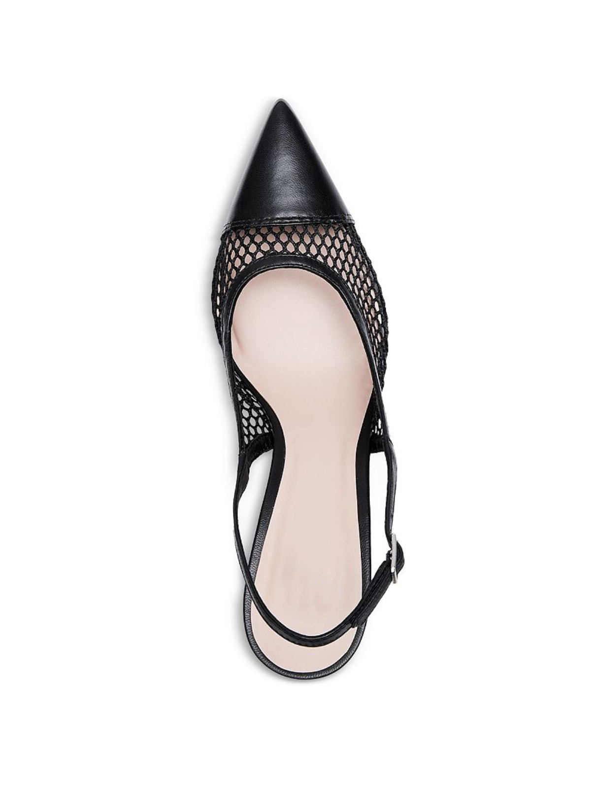 Black Buckle Pointed-Toe Stiletto Heel Slingback Pumps in Mesh & Vegan Leather