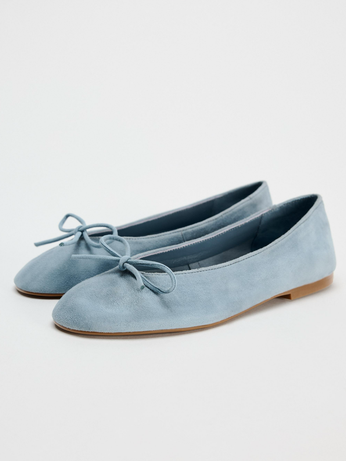 Blue Faux Suede Round-Toe Bow Ballet Flats