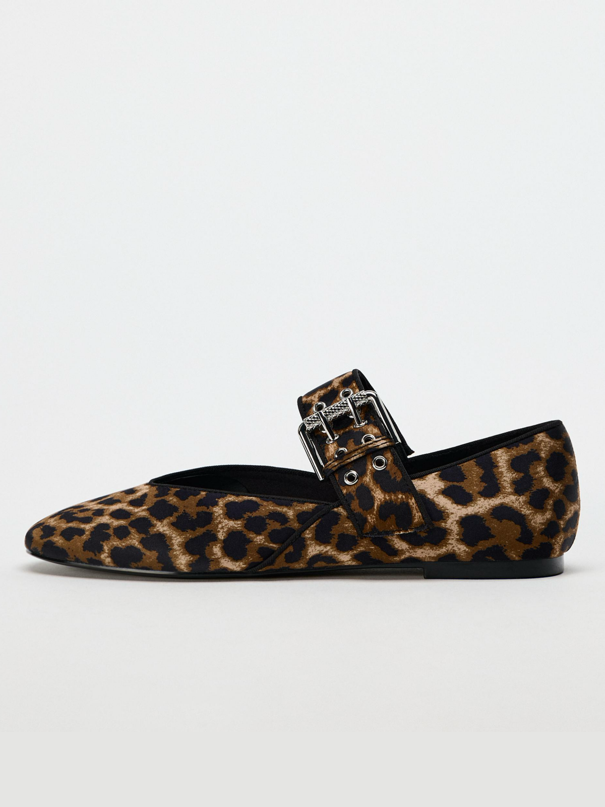 Leopard Print Cloth Square-Toe Wide Strap With Buckle Mary Janes Ballet Flats