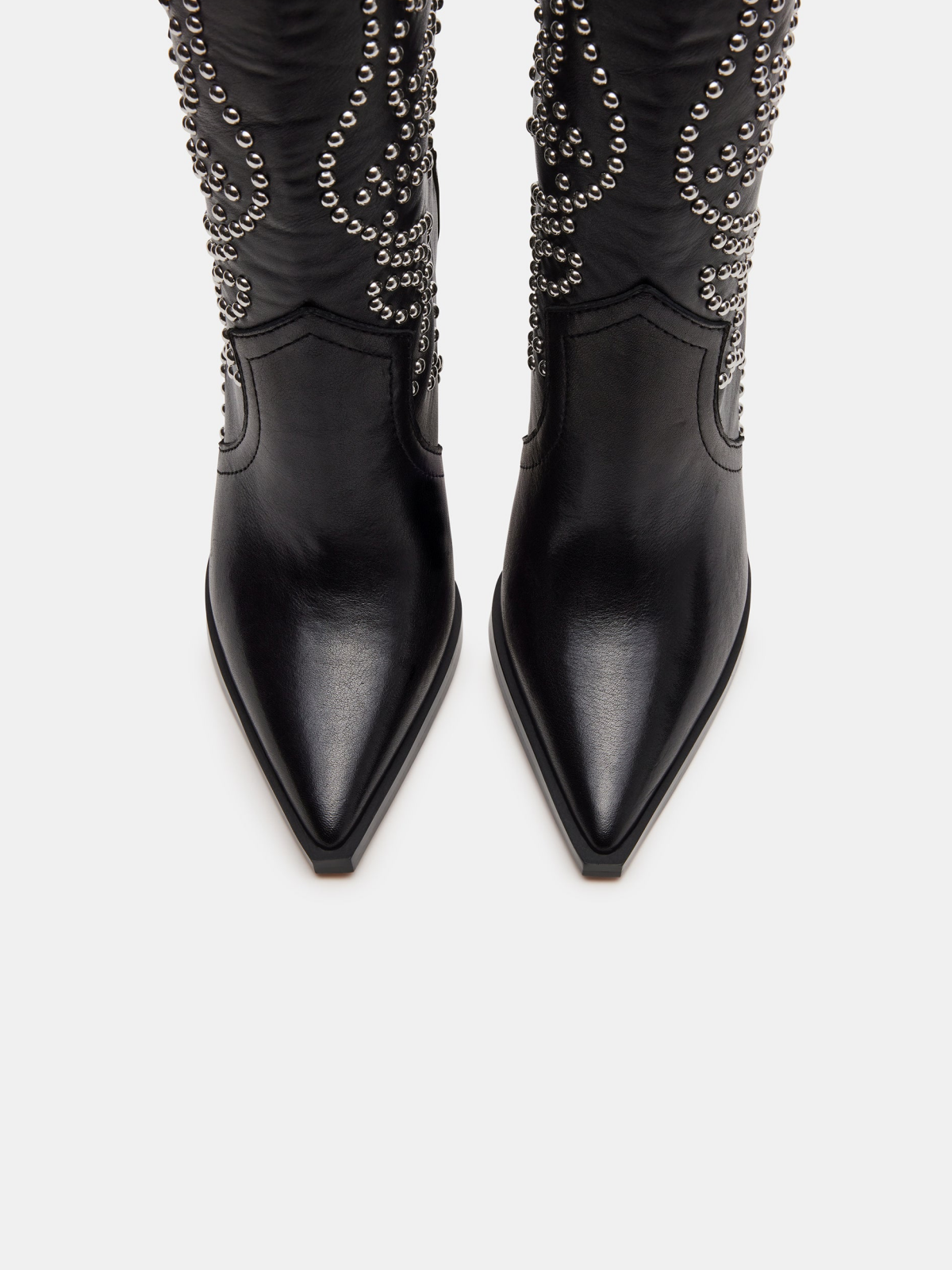 Black Vegan Leather Pointed-Toe Studded Embroidery Wide Mid Calf Stiletto Boots