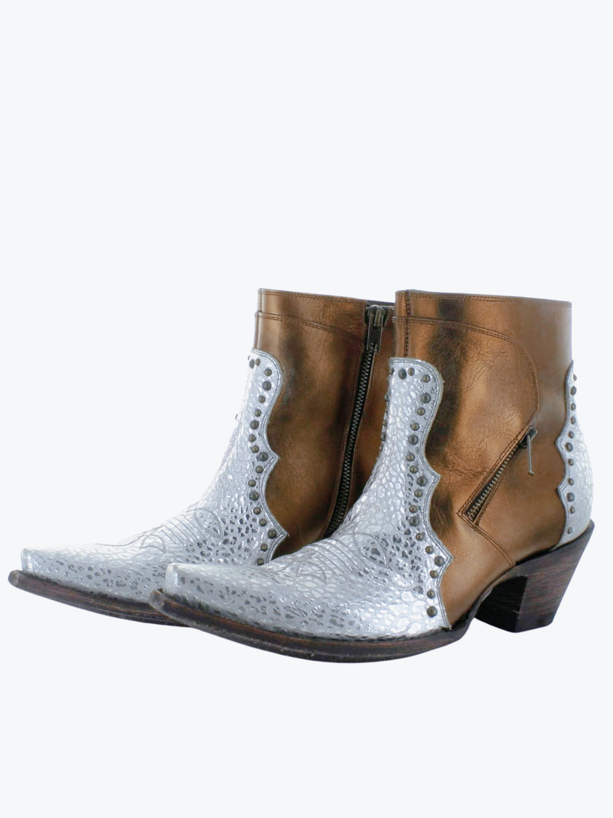 Metallic Contrast Bronze And Cheetah Print Silver Snip-Toe Studded Full-Zip Ankle Booties