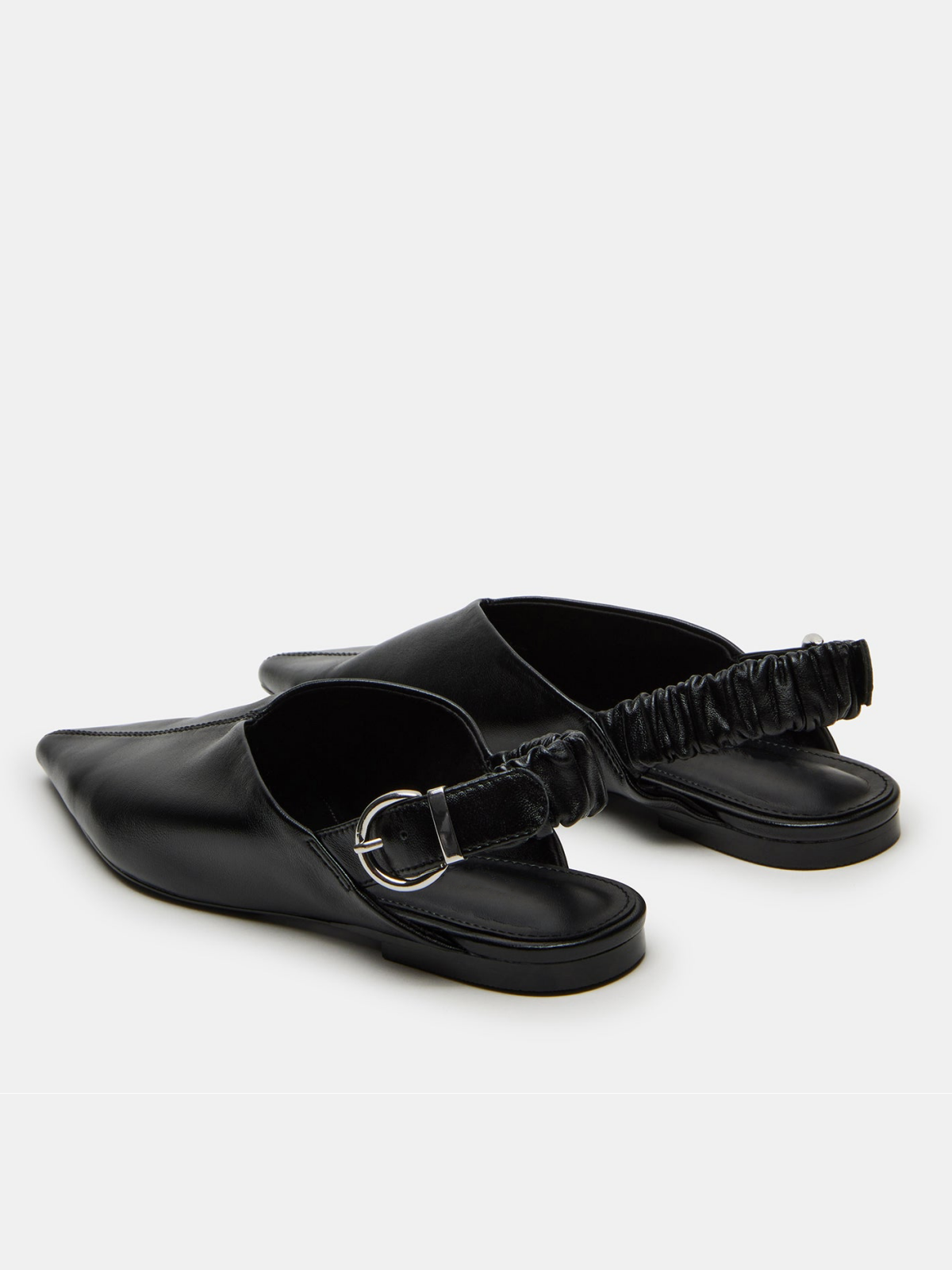 Black Pointed-Toe Ruched Slingback Ballet Flats