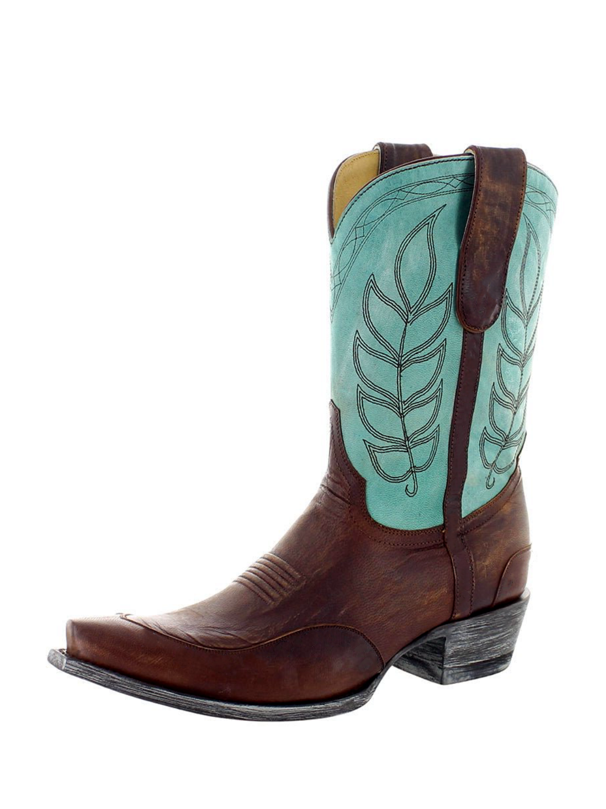 Contrast Brass And Aqua Snip-Toe Leaves Embroidery Wide Mid Calf Cowgirl Boots