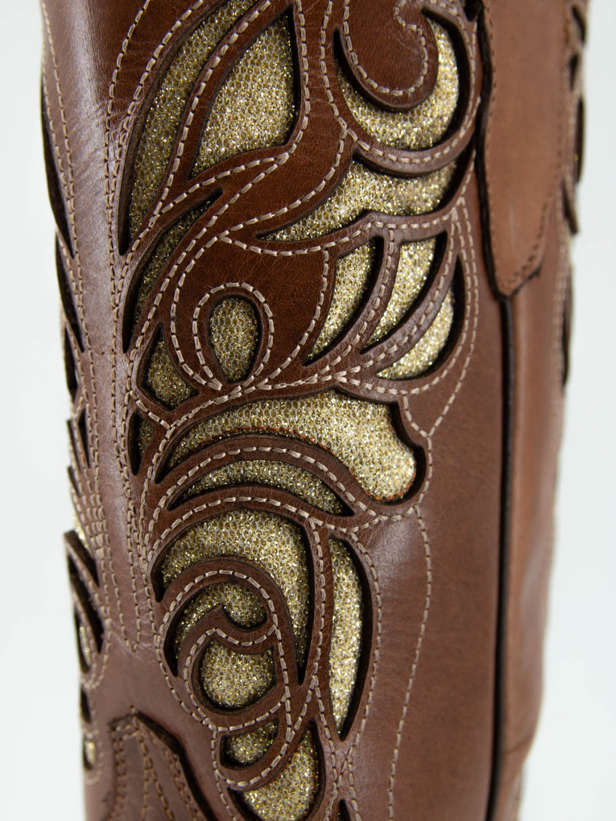 Brown Square-Toe Inlay Giltter Wide Mid Calf Cowgirl Boots