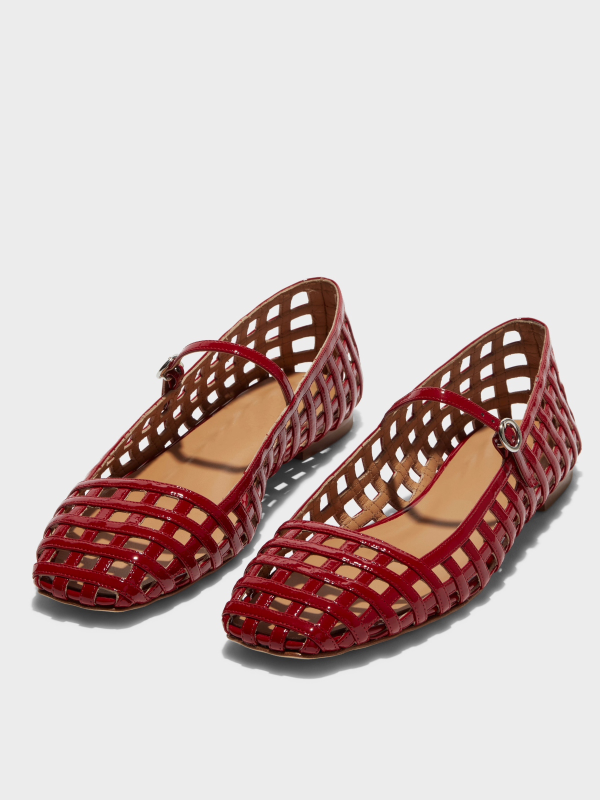 Patent Red Flats Square-Toe Cutout Mary Janes With Buckled Strap