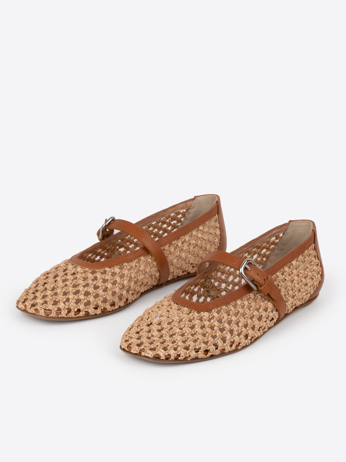 Beige Raffia Woven Square Toe Ballet Flats Mary Janes With Buckled Strap